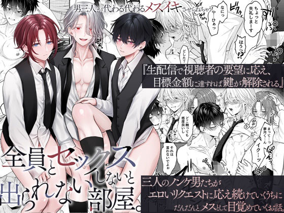 【ガン勃ちBL】全員とセックスしないと出られない部屋。男三人が代わる代わるメスイキさせられちゃう！｜d_653435